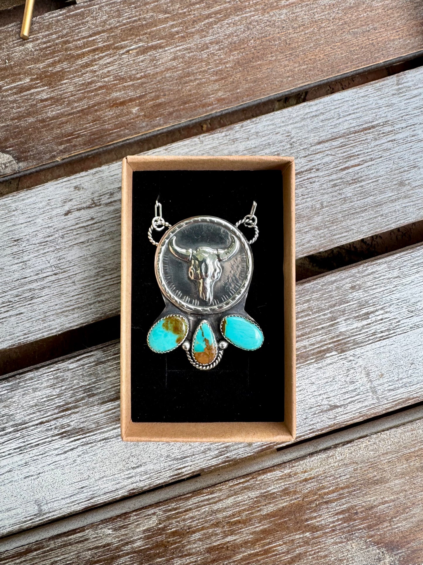 Cow Skull Coin Pilot Mountain Turquoise Necklace 16"