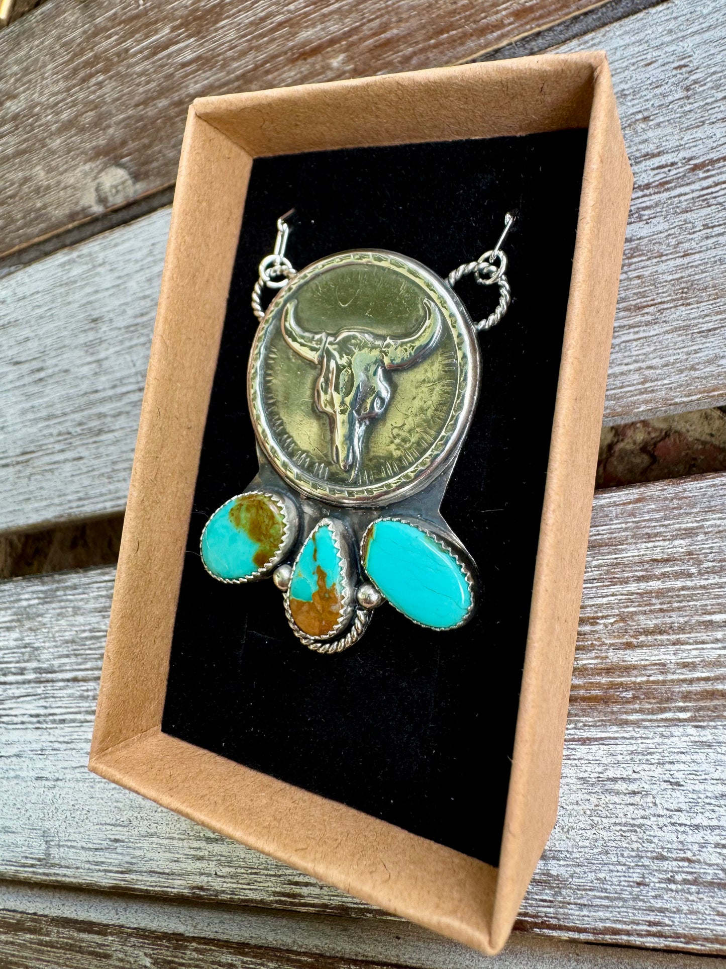 Cow Skull Coin Pilot Mountain Turquoise Necklace 16"
