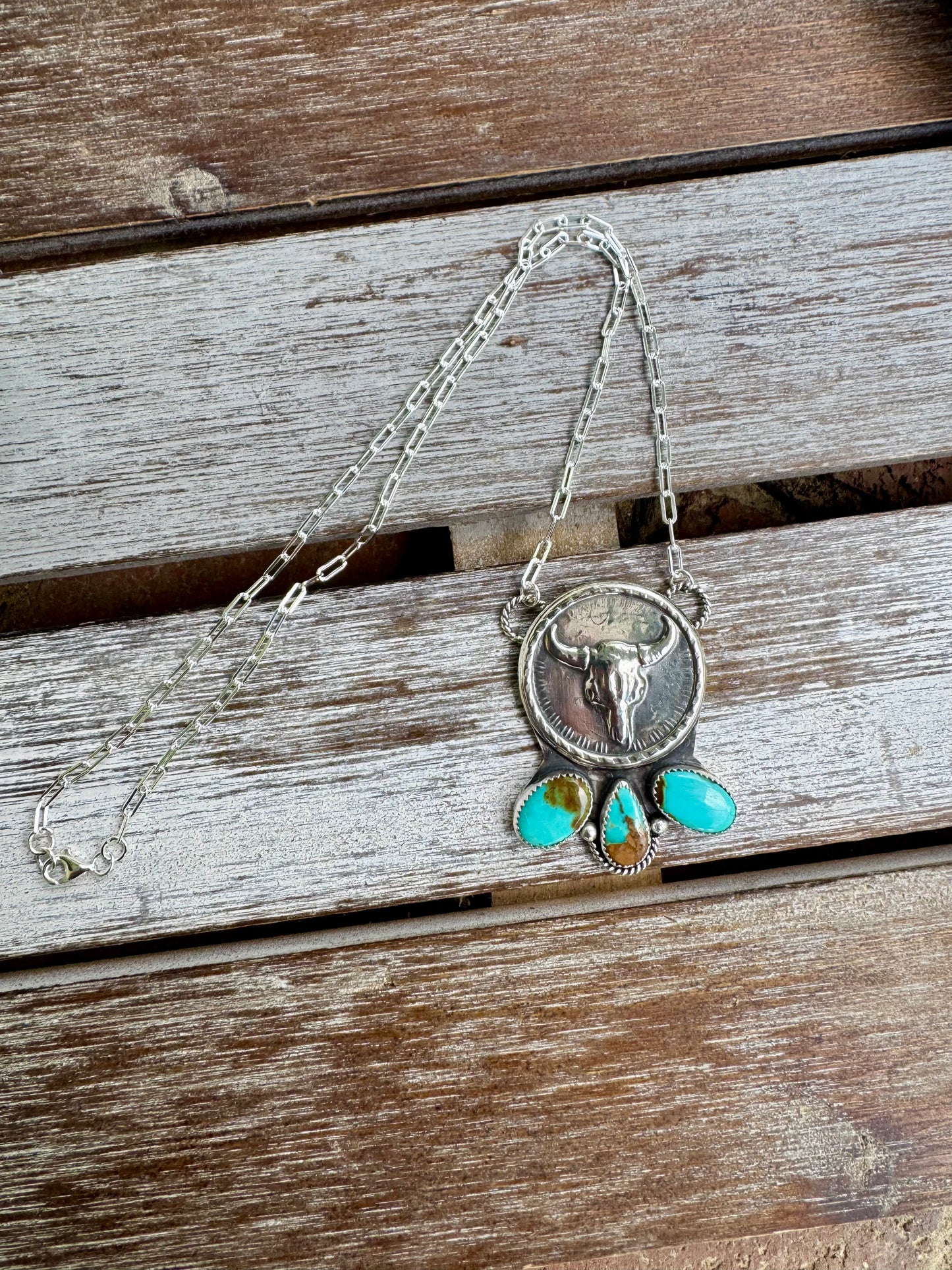 Cow Skull Coin Pilot Mountain Turquoise Necklace 16"