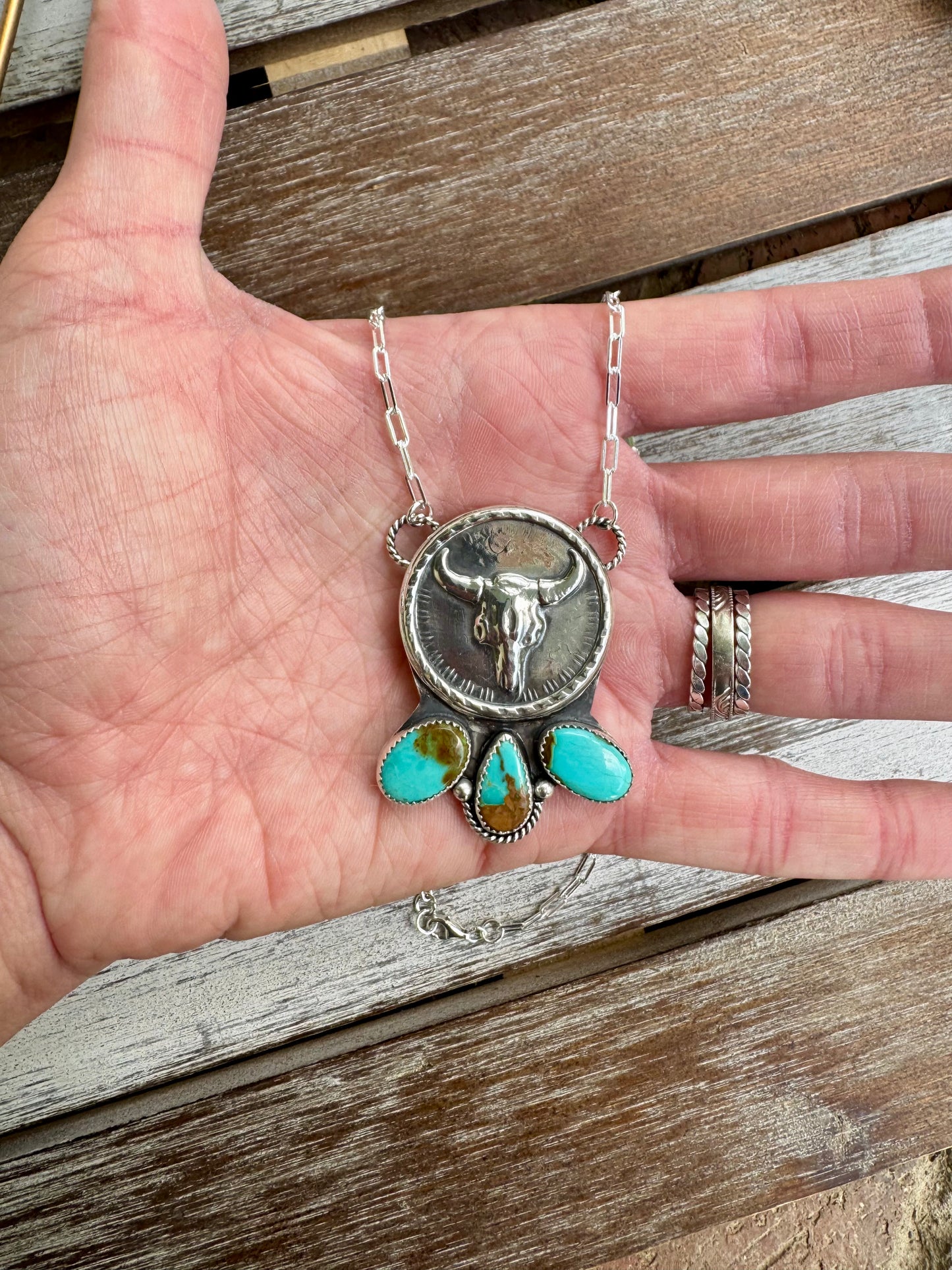 Cow Skull Coin Pilot Mountain Turquoise Necklace 16"