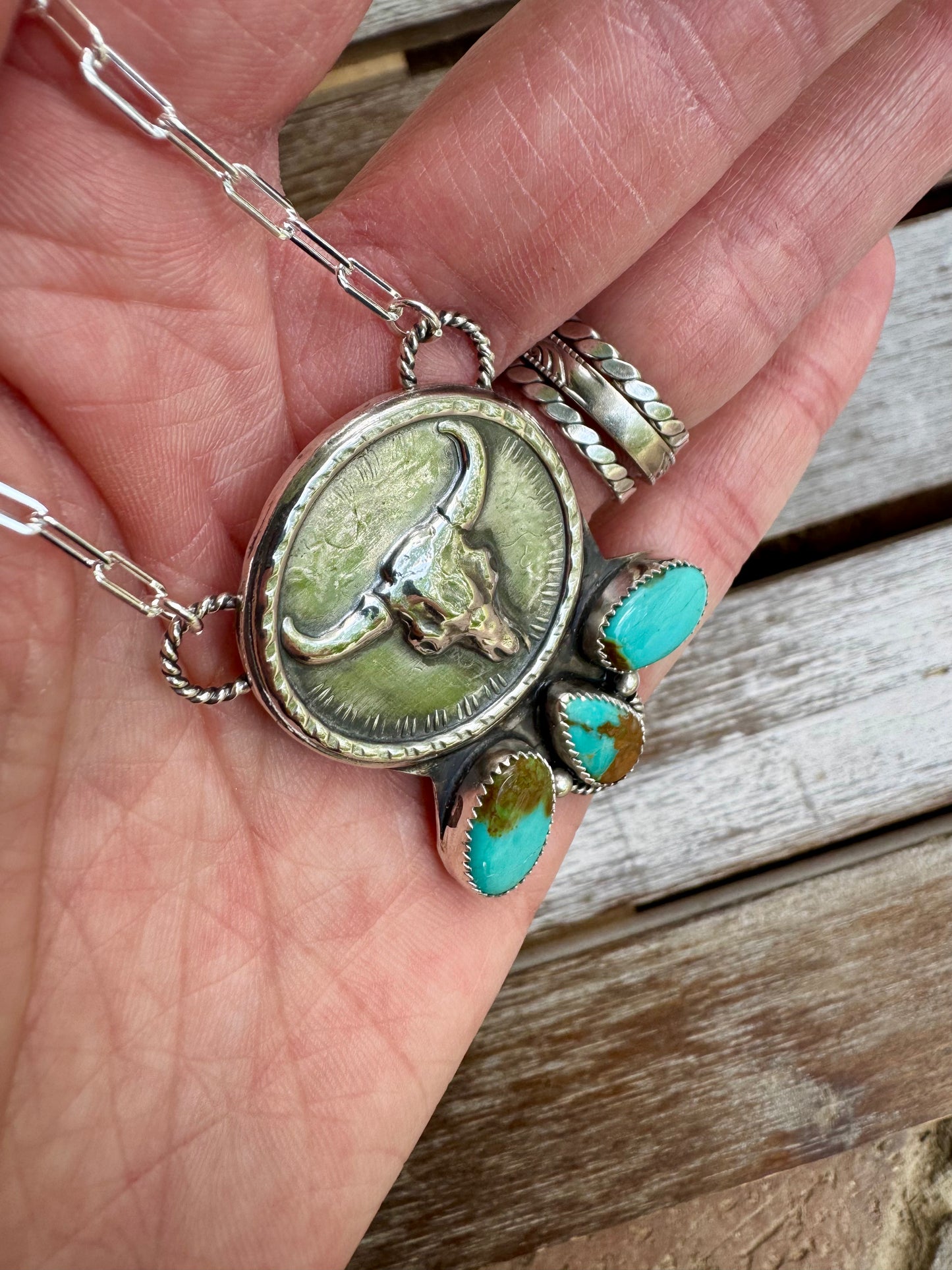 Cow Skull Coin Pilot Mountain Turquoise Necklace 16"