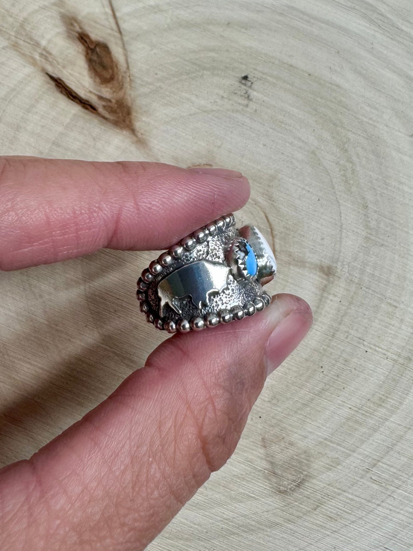 White Buffalo & Golden Hills Turquoise Buffalo Cuff Ring Size 6.5-7