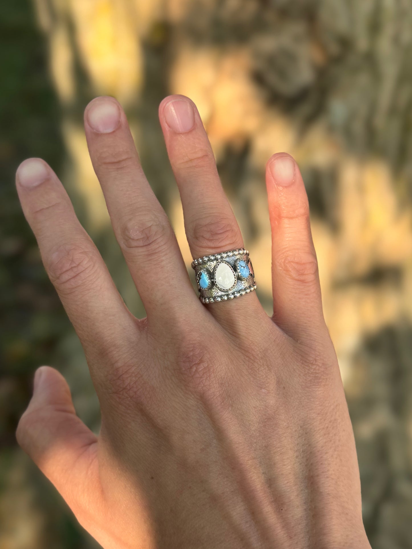 White Buffalo & Golden Hills Turquoise Buffalo Cuff Ring Size 6.5-7