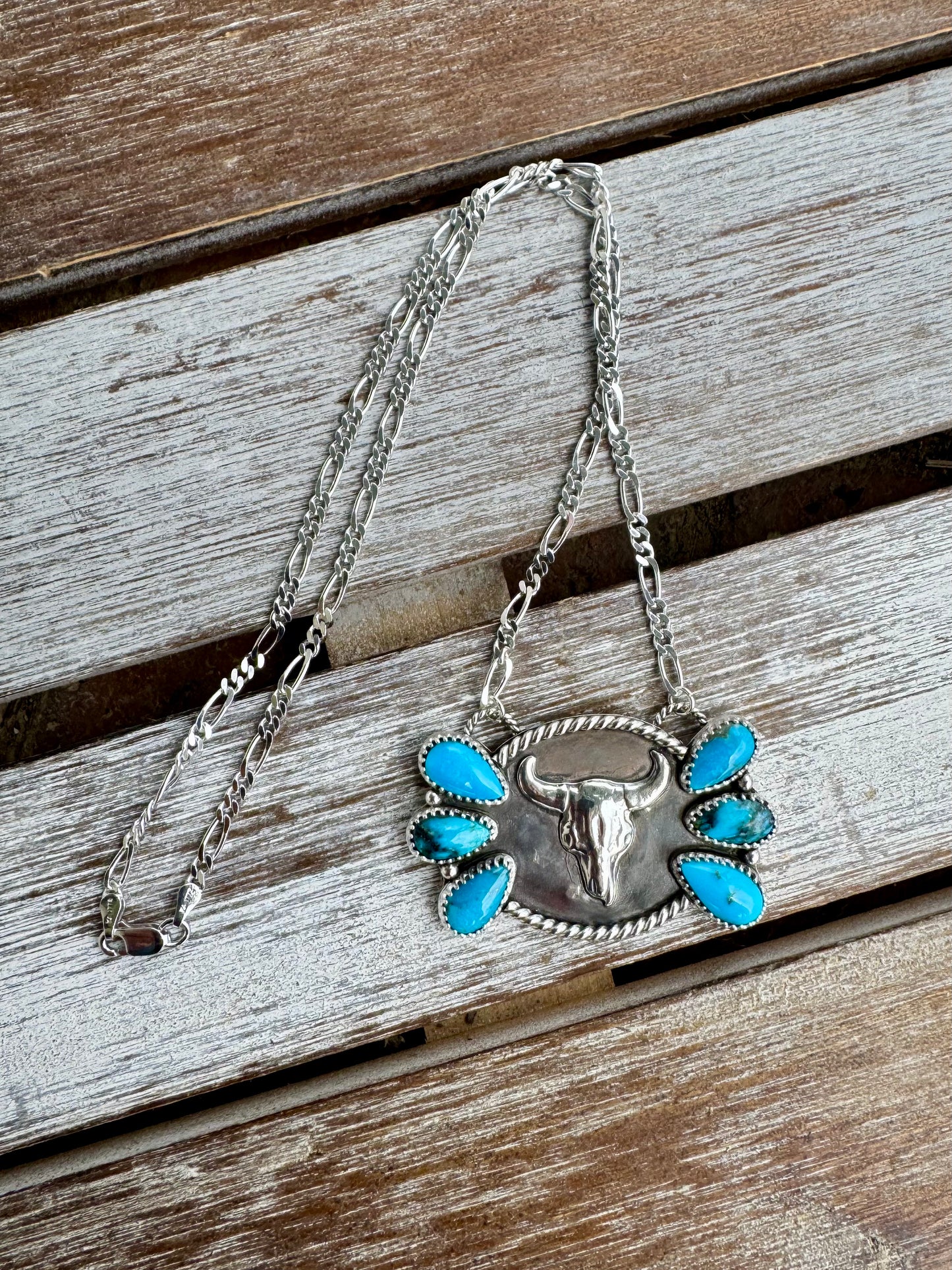 Cow Skull Morenci Turquoise Statement Necklace 18"
