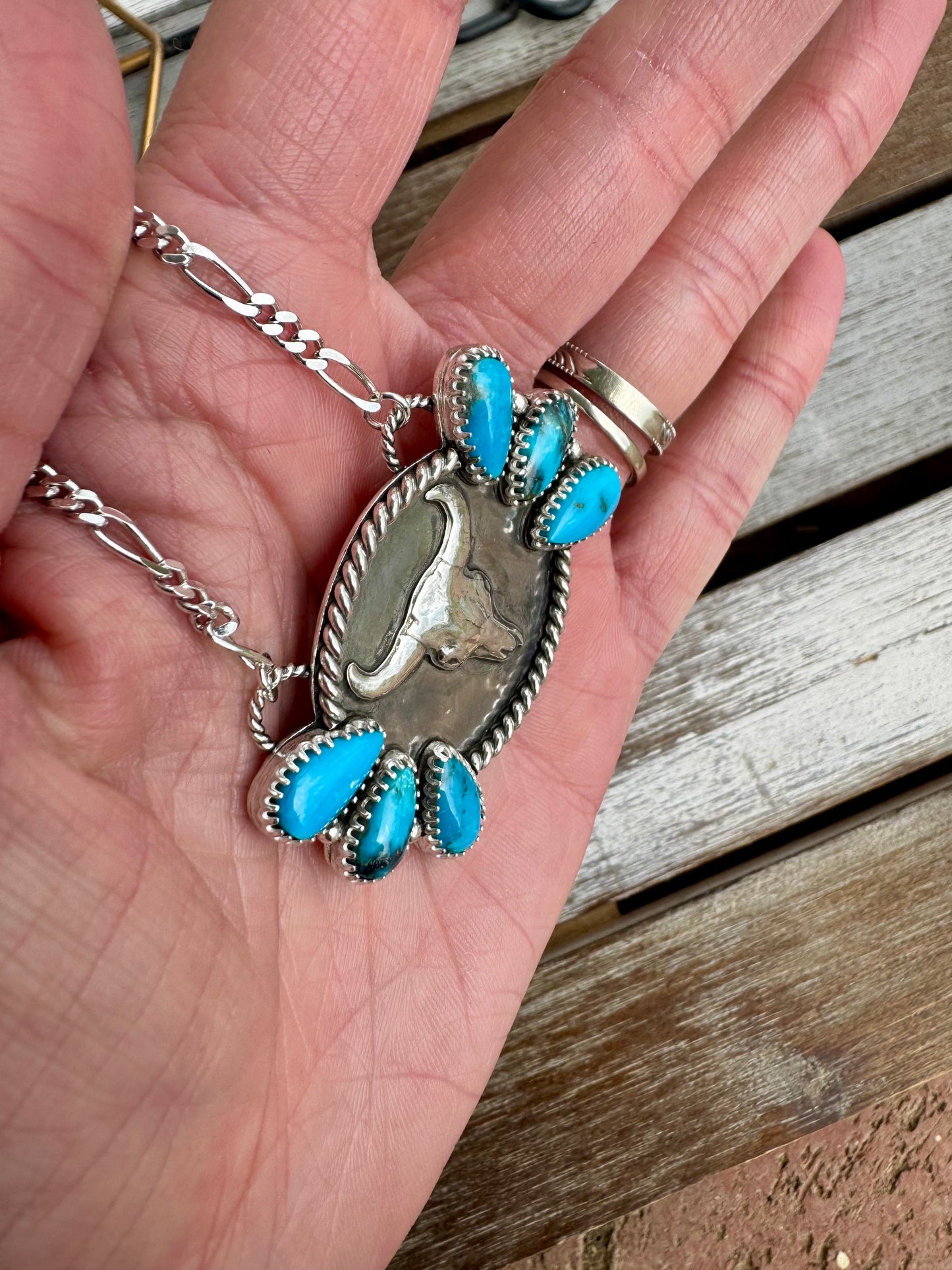 Cow Skull Morenci Turquoise Statement Necklace 18"