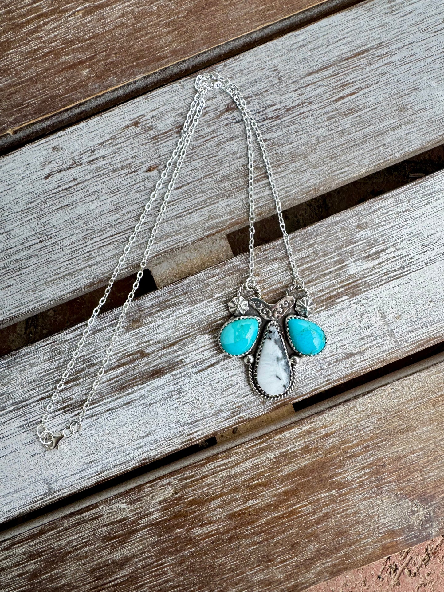 White Buffalo & Blue Mohave Turquoise Statement Necklace 16"