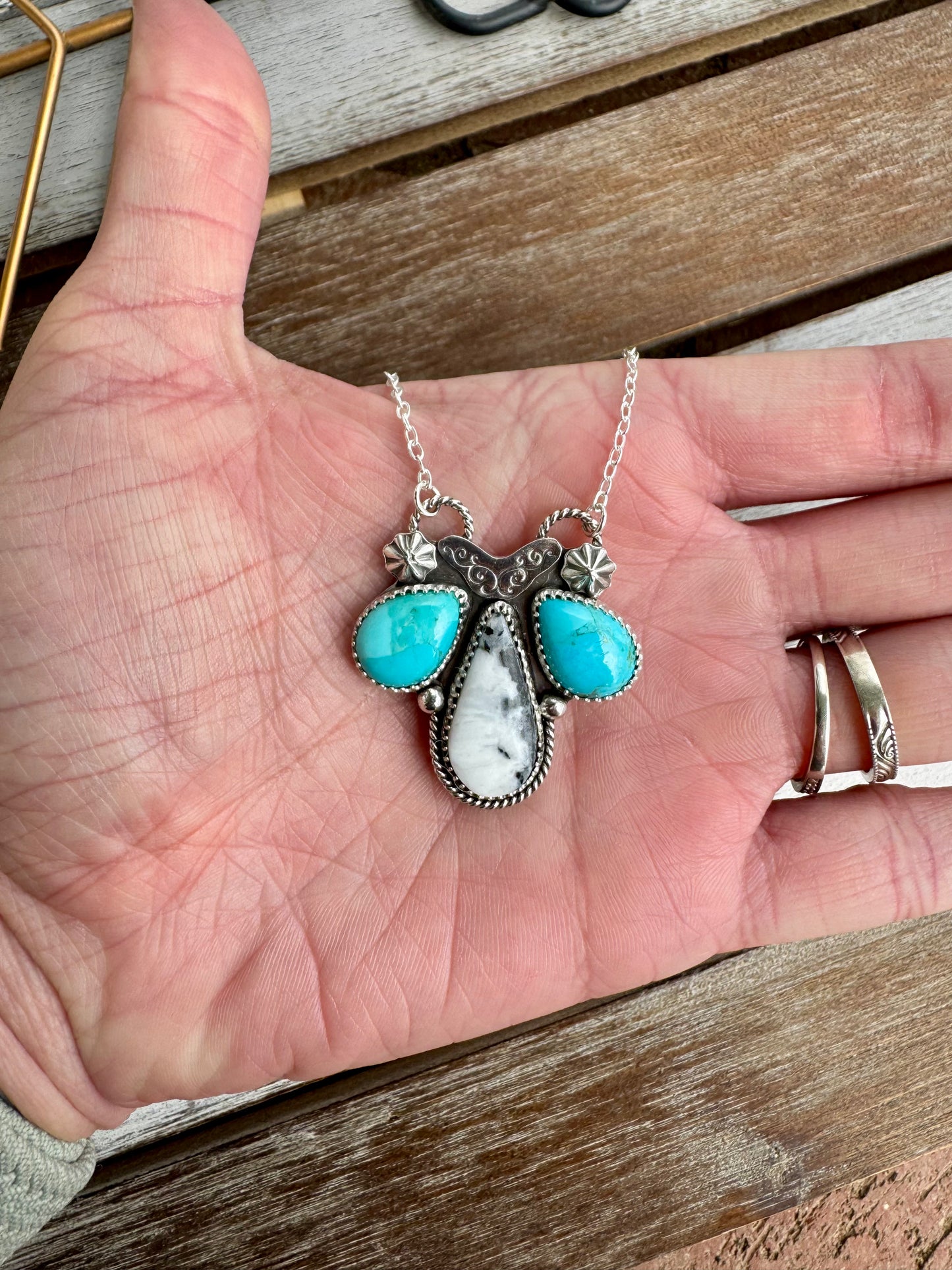 White Buffalo & Blue Mohave Turquoise Statement Necklace 16"