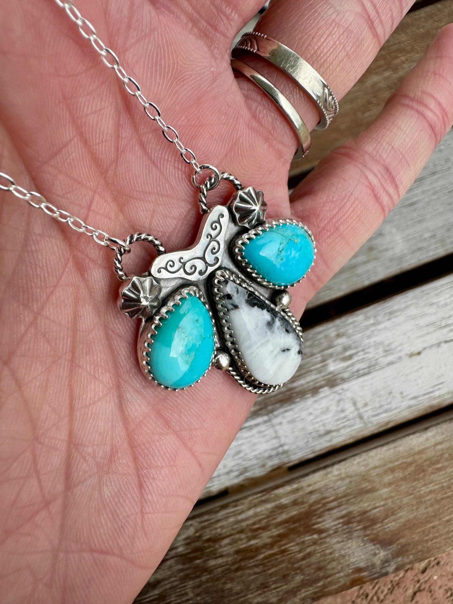 White Buffalo & Blue Mohave Turquoise Statement Necklace 16"