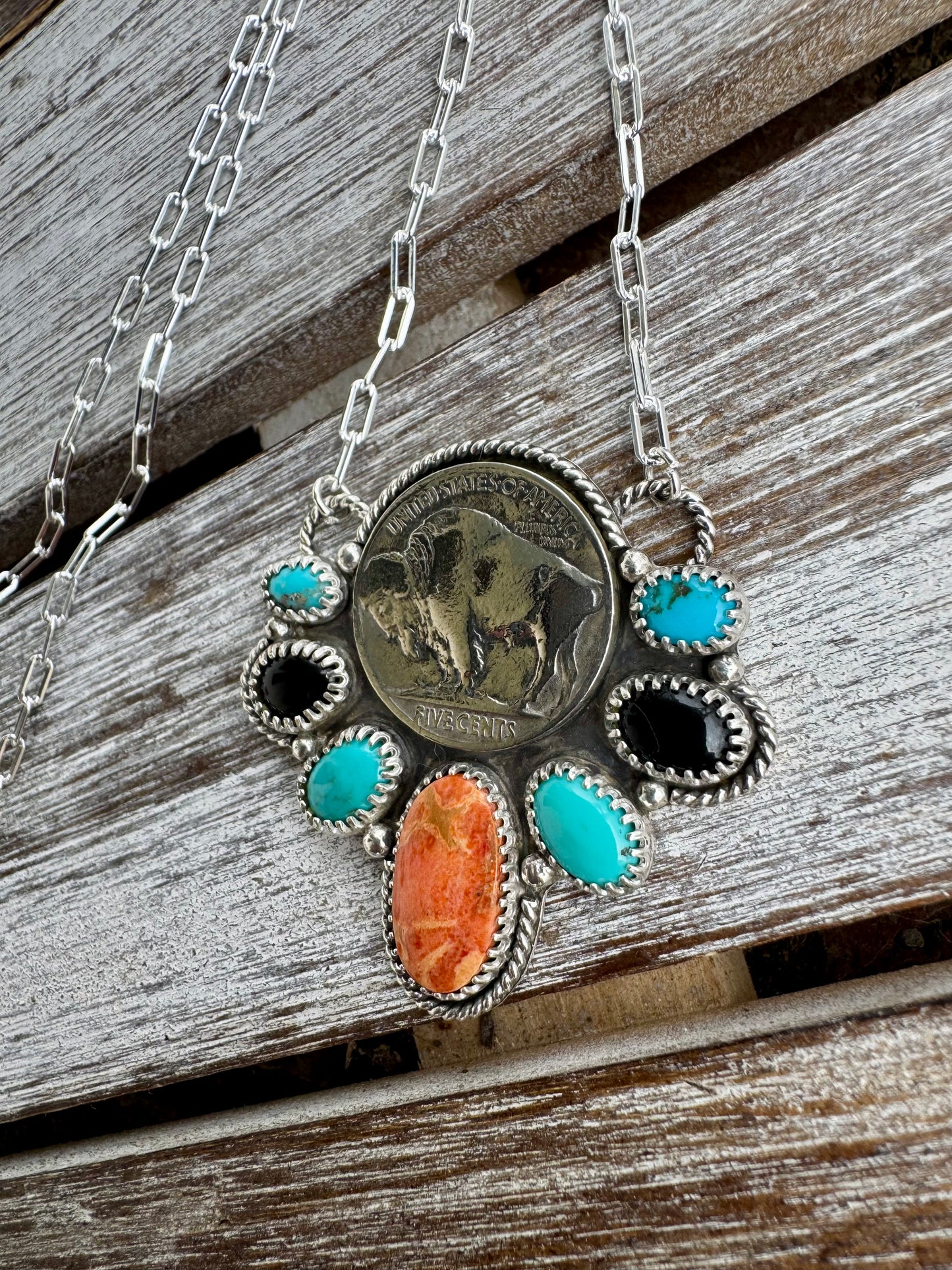 Chunky Buffalo Nickel Statement Necklace 18"