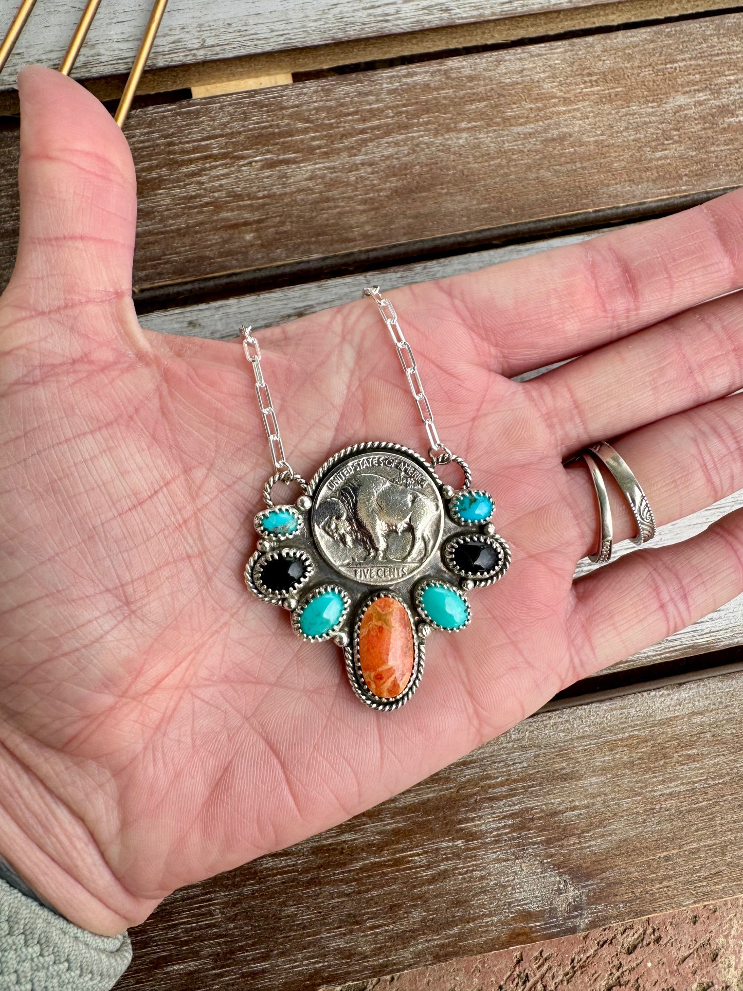 Chunky Buffalo Nickel Statement Necklace 18"