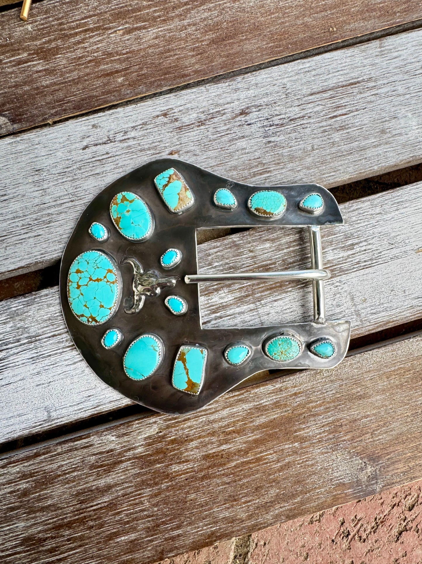 Number 8 & Kingman Turquoise Cow Skull Buckle