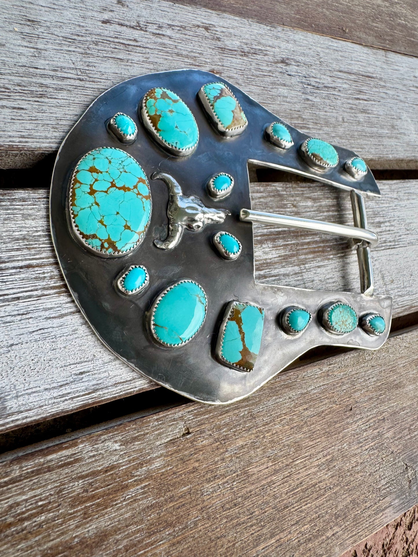 Number 8 & Kingman Turquoise Cow Skull Buckle