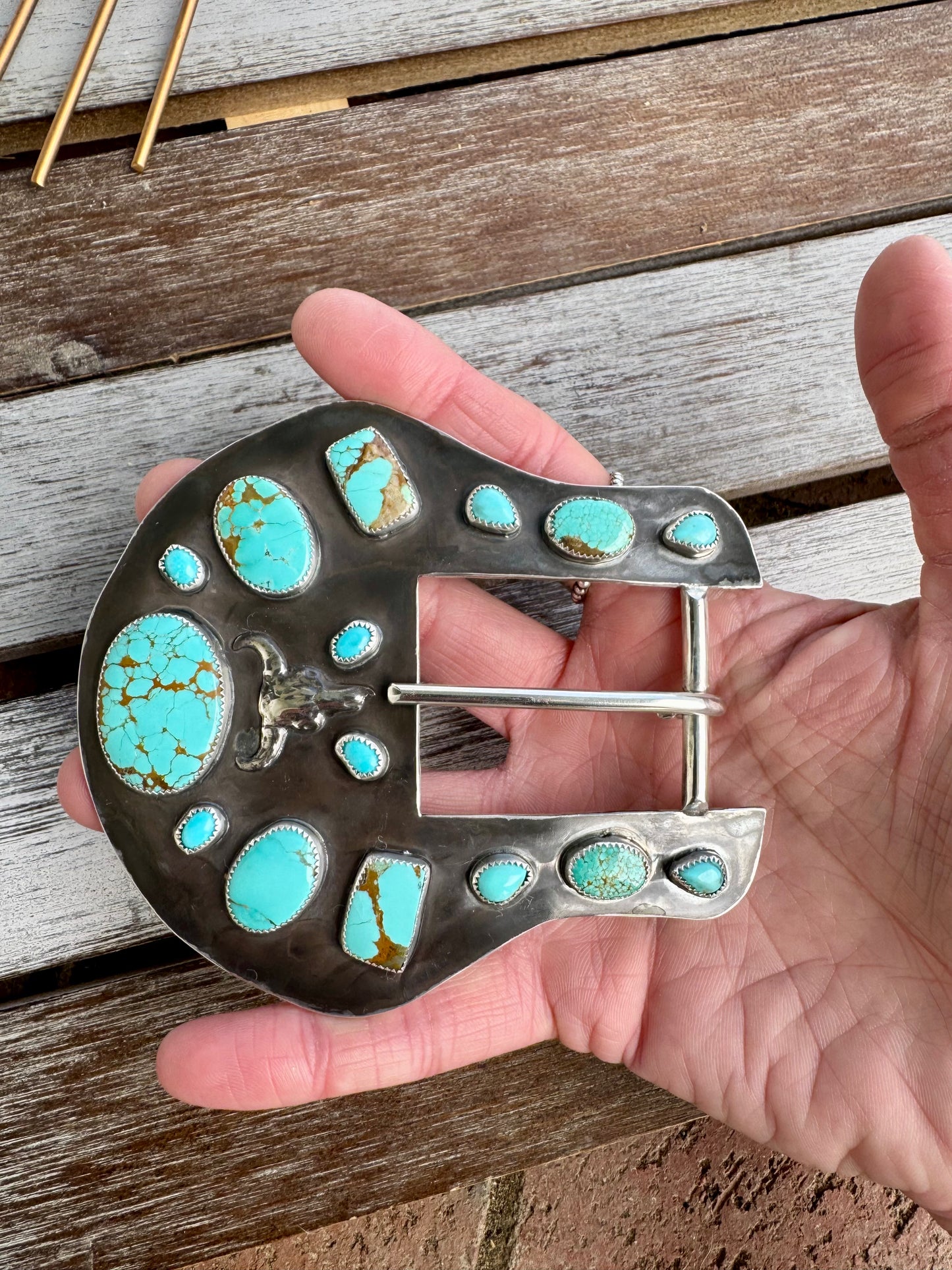 Number 8 & Kingman Turquoise Cow Skull Buckle