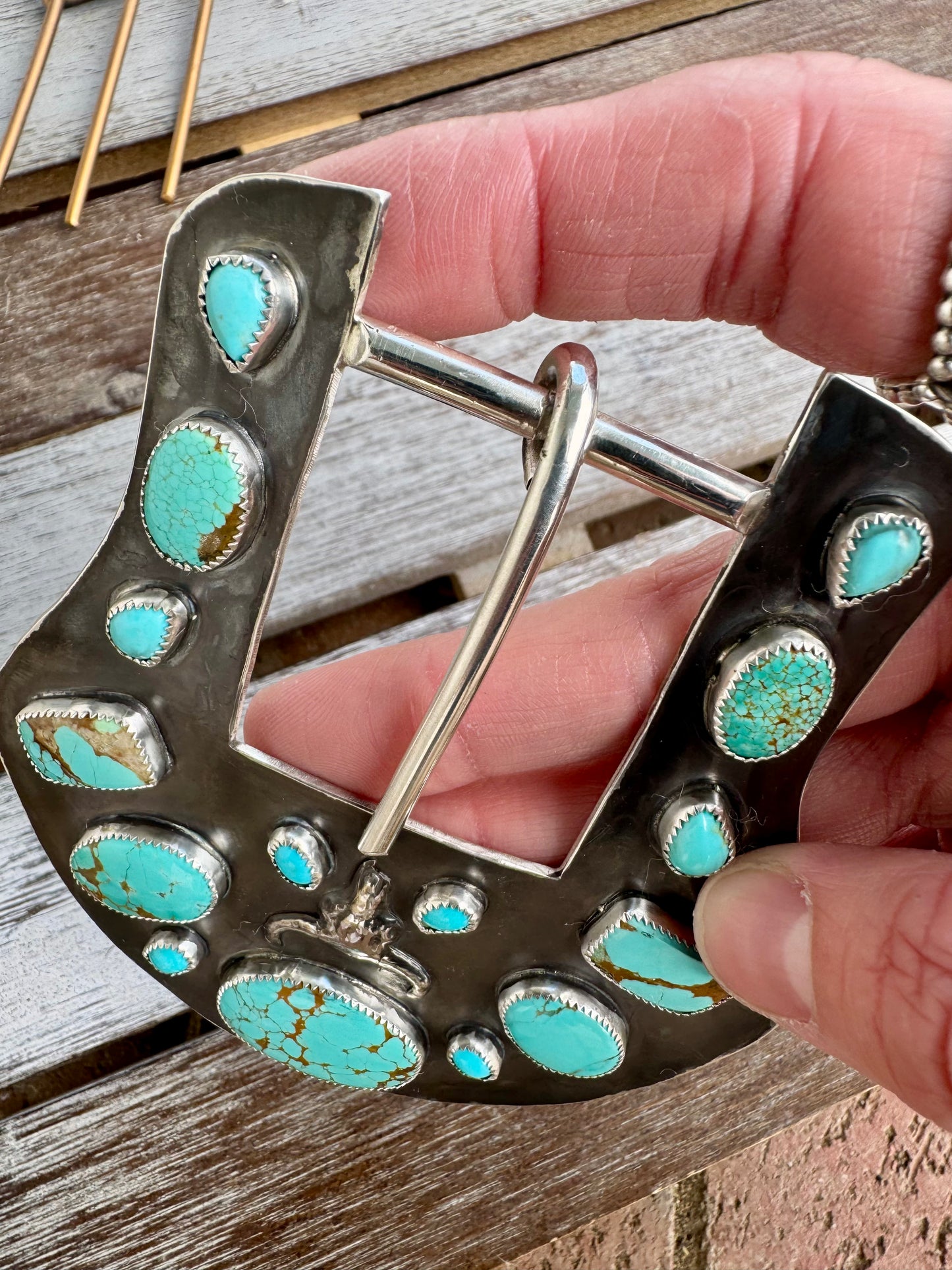 Number 8 & Kingman Turquoise Cow Skull Buckle