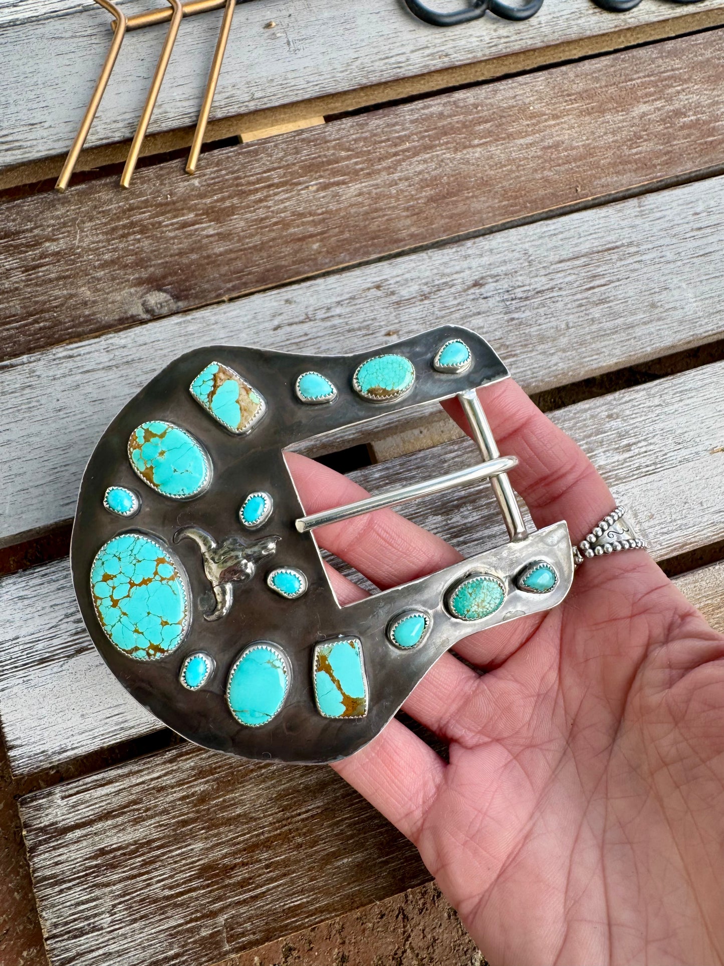 Number 8 & Kingman Turquoise Cow Skull Buckle