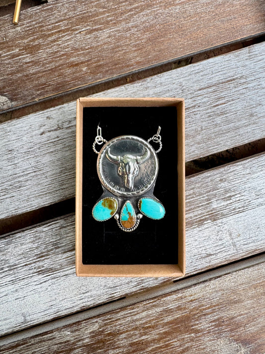 Cow Skull Coin Pilot Mountain Turquoise Necklace 16"