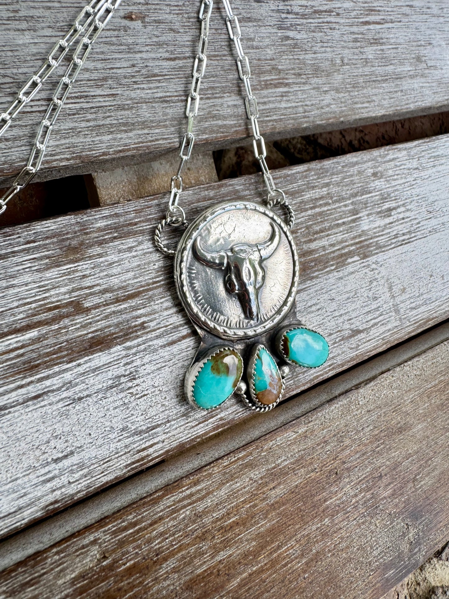 Cow Skull Coin Pilot Mountain Turquoise Necklace 16"