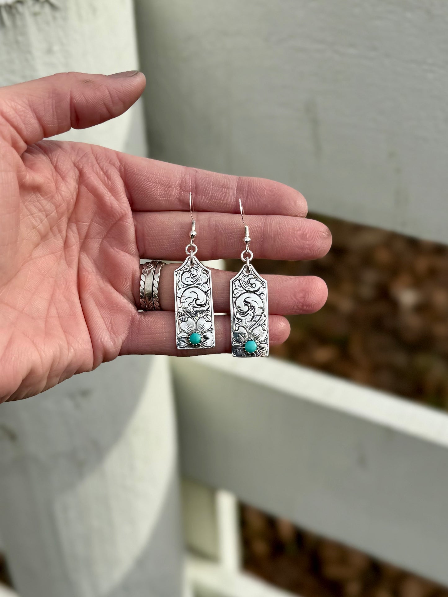 Hand Engraved Kingman Turquoise Dangle Earrings