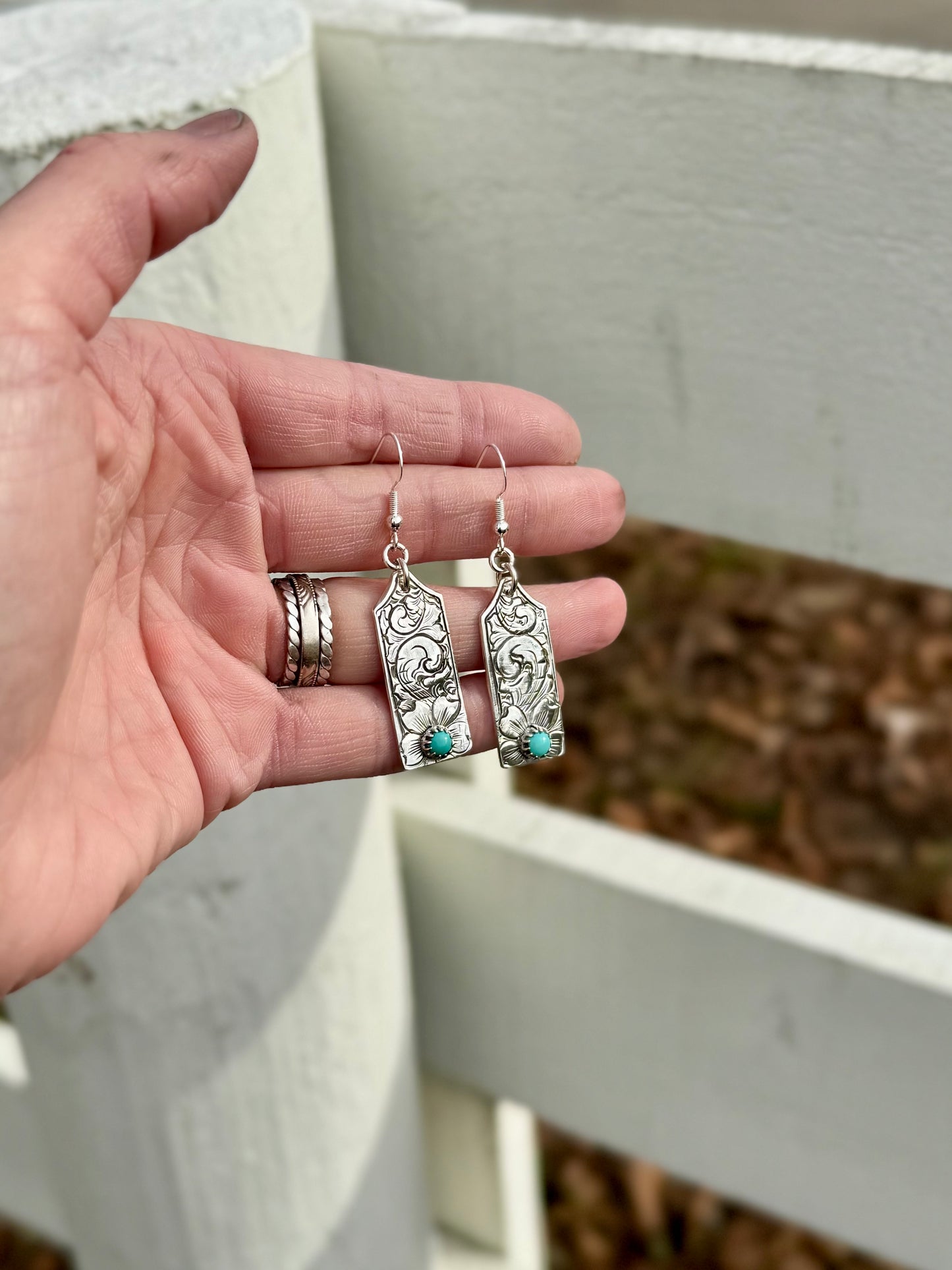 Hand Engraved Kingman Turquoise Dangle Earrings