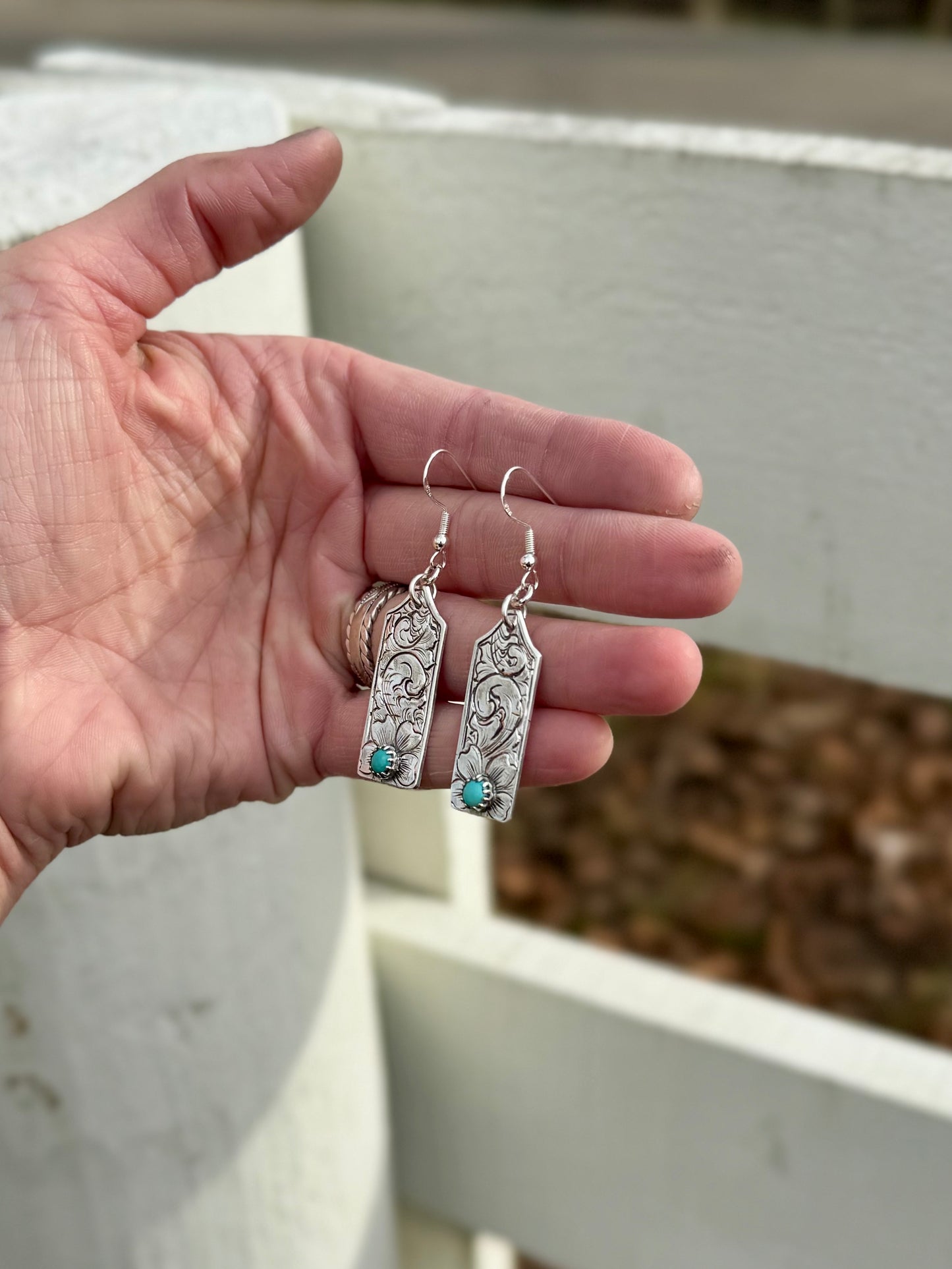 Hand Engraved Kingman Turquoise Dangle Earrings