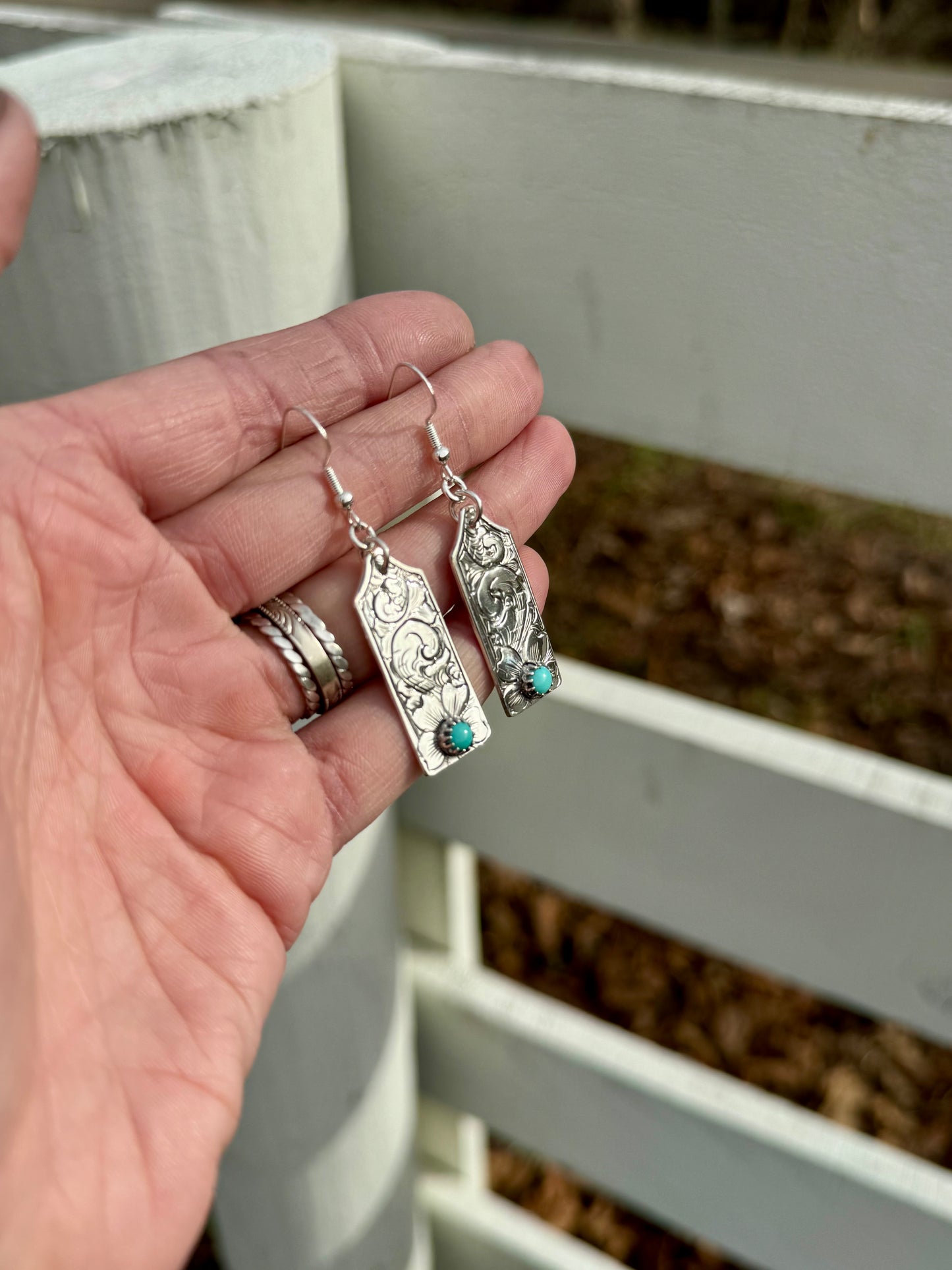 Hand Engraved Kingman Turquoise Dangle Earrings