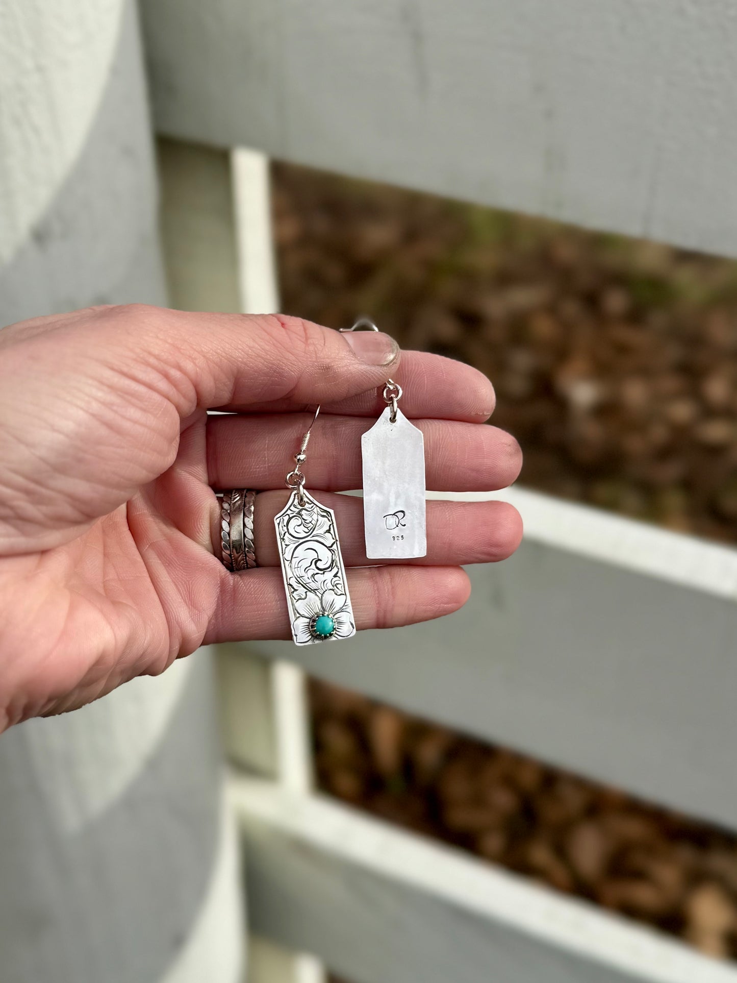 Hand Engraved Kingman Turquoise Dangle Earrings