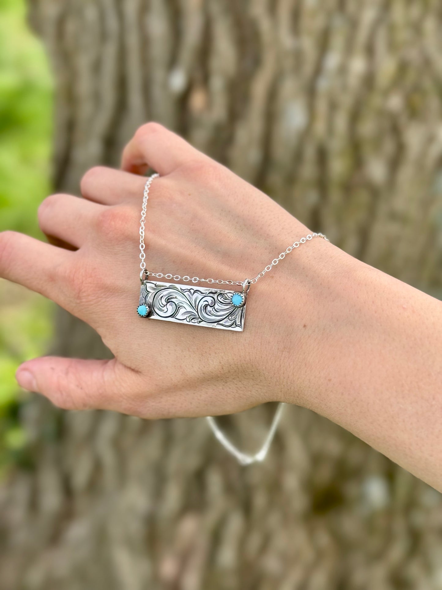 Hand Engraved Turquoise Bar Necklace 16"