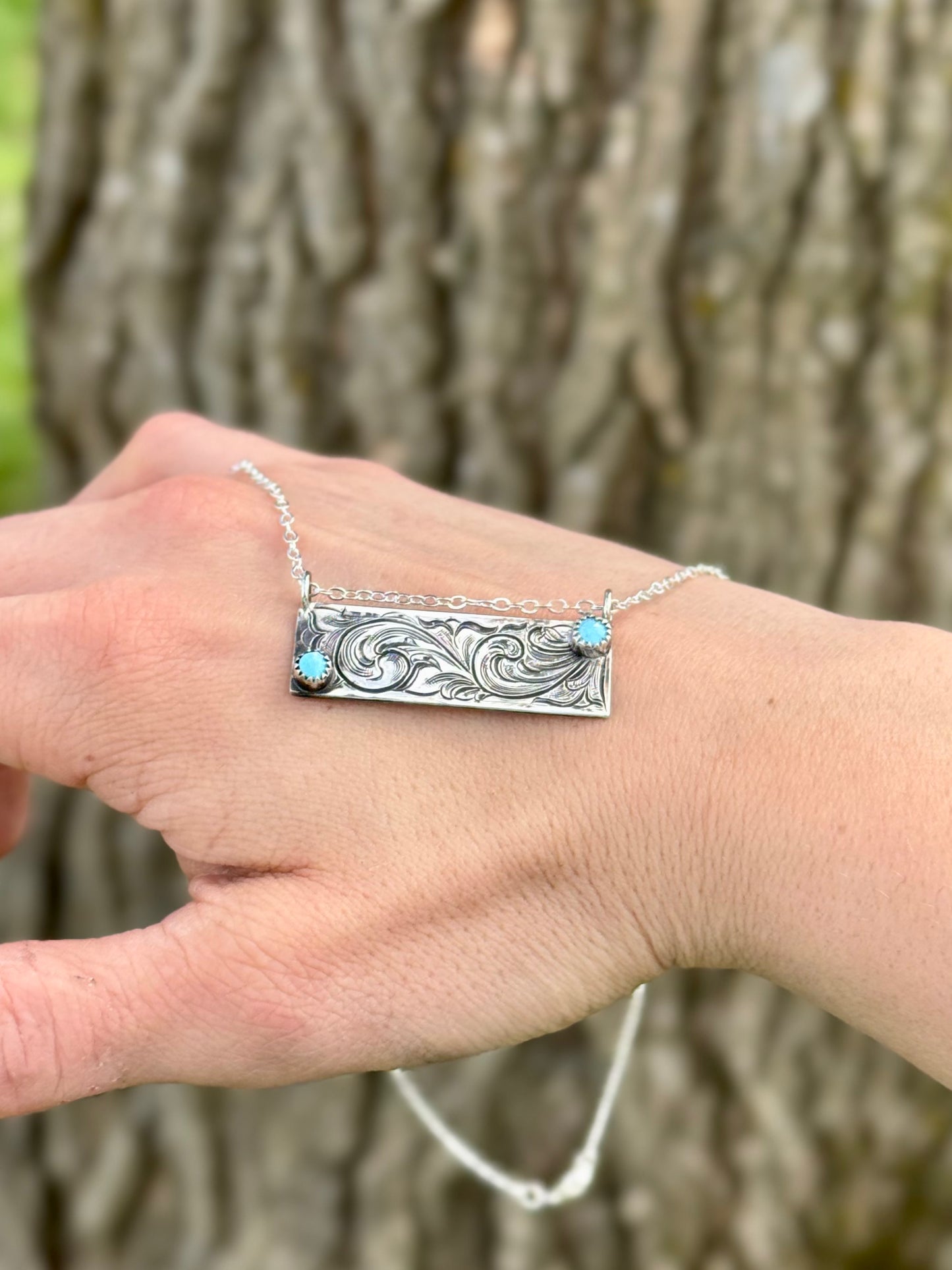 Hand Engraved Turquoise Bar Necklace 16"