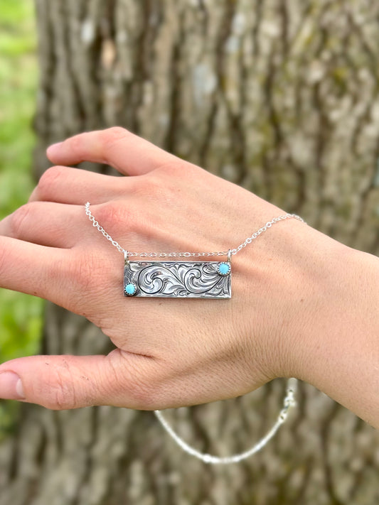 Hand Engraved Turquoise Bar Necklace 16"
