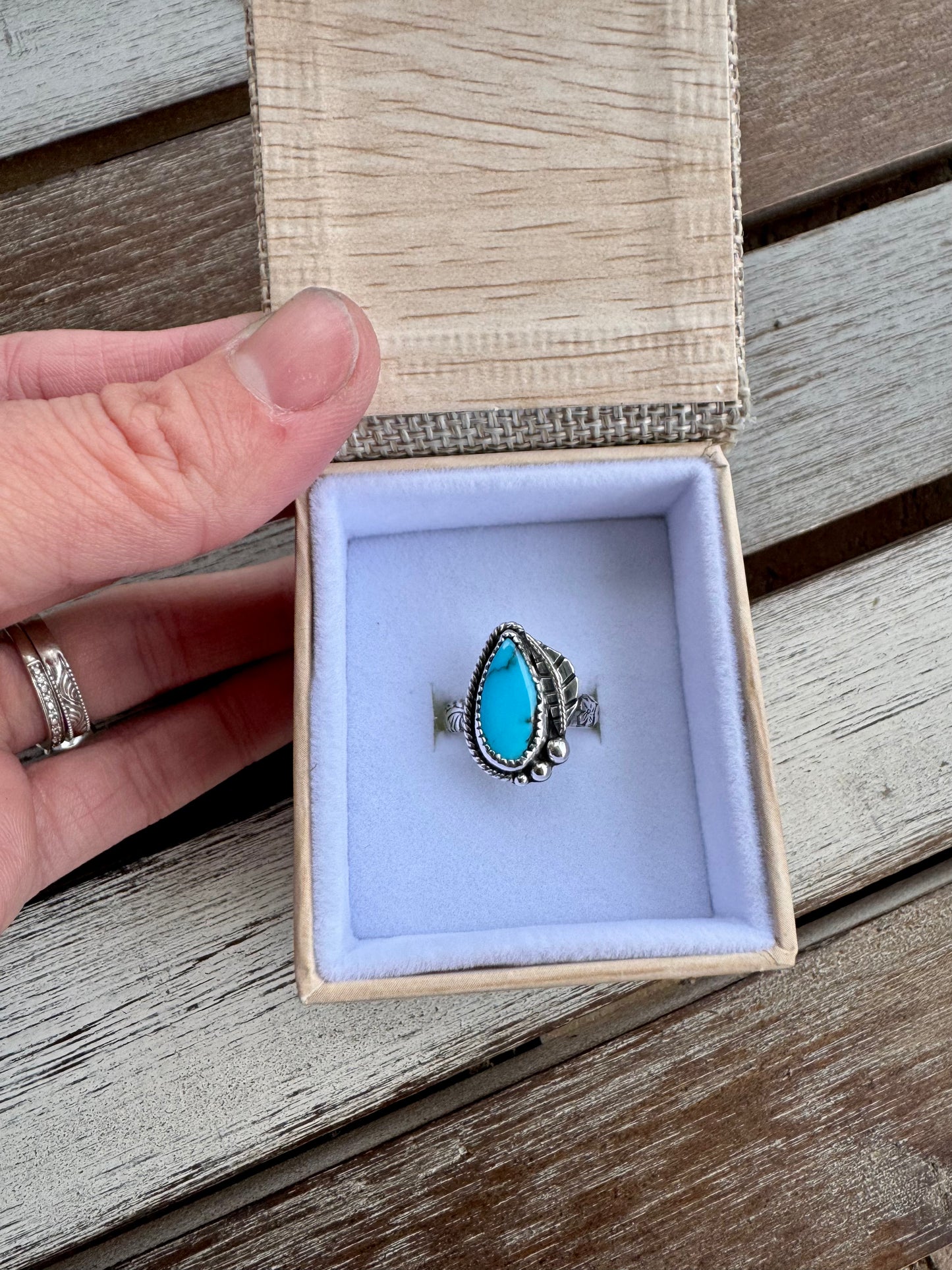 Mountain Turquoise Western Leaf Ring Size 6.5