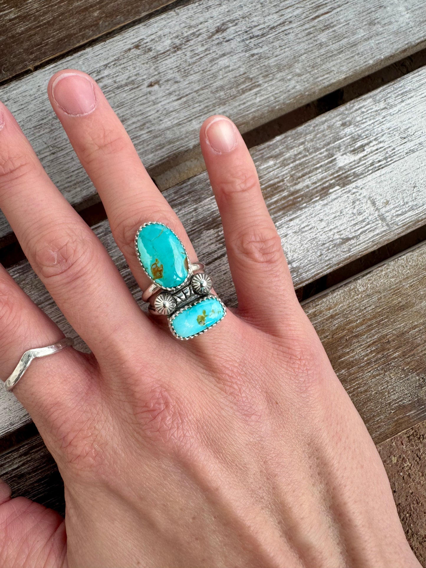 Double Stone Turquoise Statement Ring Size 6.5